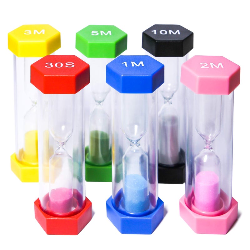 PROLOSO 6 Pcs Colorful Sand Timers Set Platic Sandglass Hourglass Sand Clock Timer 30sec/ 1min/ 2mins/ 3 Minutes/ 5 Minute/ 10mins for Kids Games Classroom Home Office Kitchen - Image 3